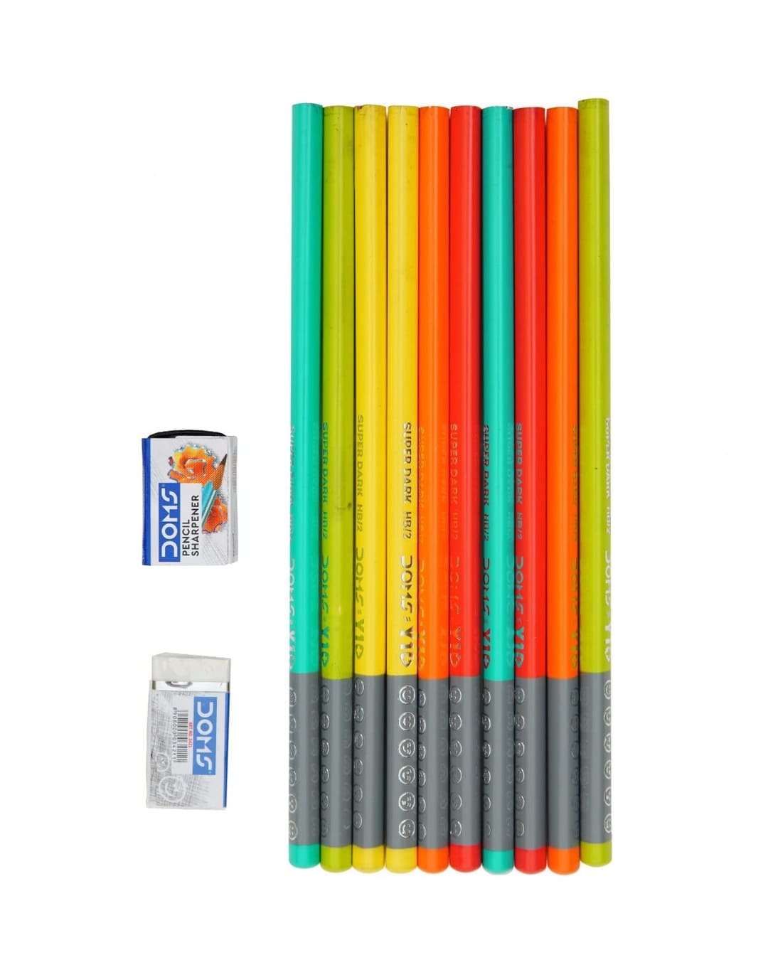 Doms Y1+ Graphite Pencils | HB/2 Super Dark | Triangular Shape | 10 Pencils, 1 Sharpener, 1 Eraser - versoz.com