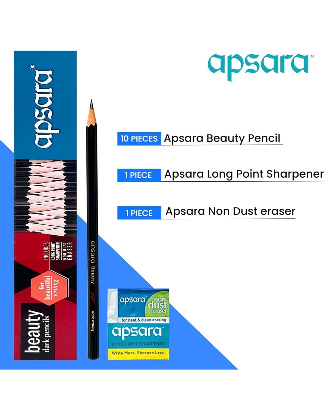 Apsara Beauty Pencils | Dark | 10 Pencils, 1 Sharpener, 1 Eraser - versoz.com
